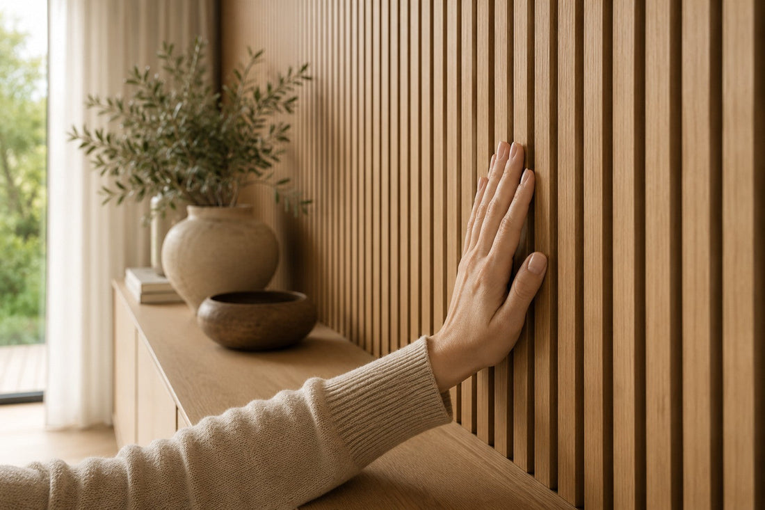 Hand an einer Eiche-Akustikpaneele-Wand, Detail der Lamellenstruktur