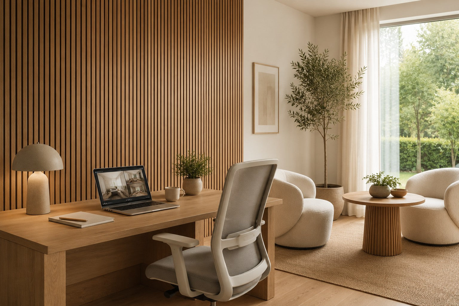 Homeoffice mit Akustikpaneele-Wand für bessere Sprachverständlichkeit