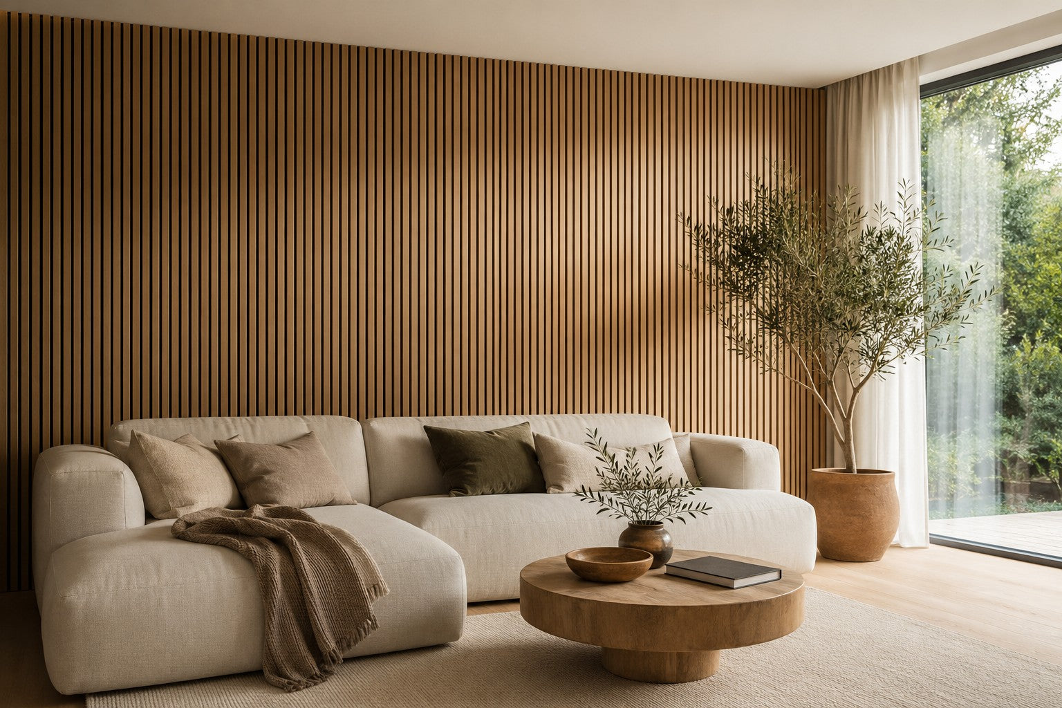 Wohnzimmer mit heller Eiche-Akustikpaneele-Wand hinter dem Sofa